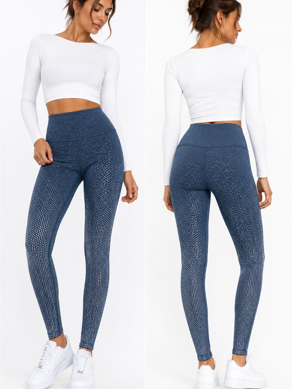Beyond Yoga High-Rise Gray and Silver Sculpting Leggings with Dot Print